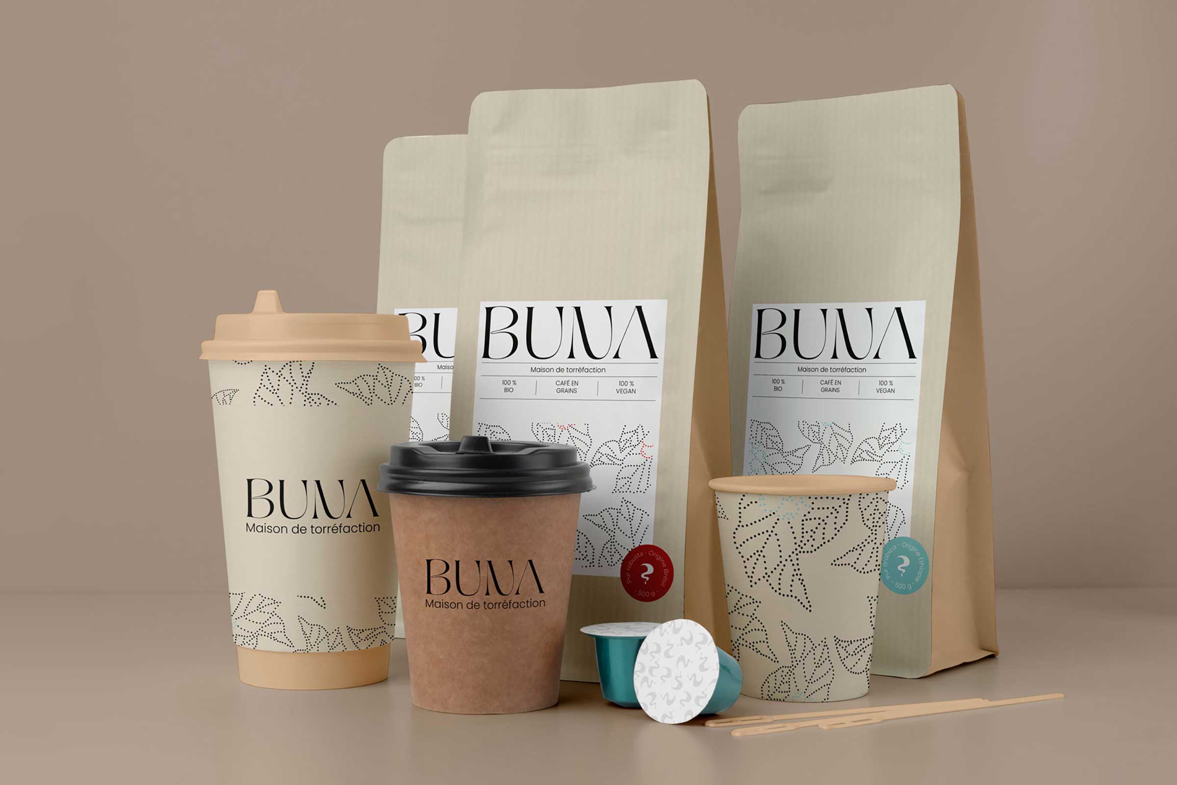 Projet du portfolio : Packagings de la marque de café Buna, Maison de torréfaction.