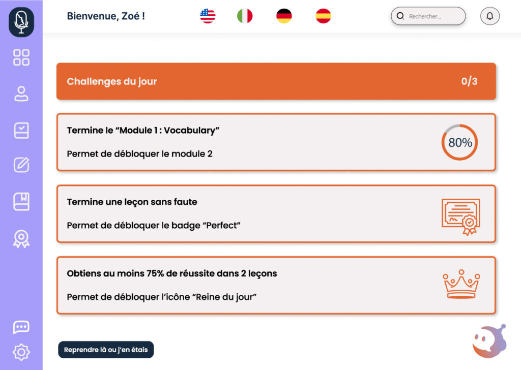 Maquette de la plateforme d'e-learning Speak Easy